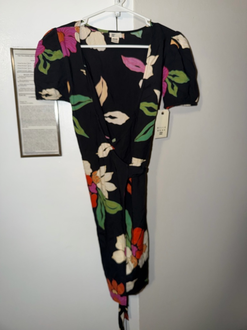 Billabong Black MidiWrap  Dress with Orange, Pink & Cream Floral Print XS NWT